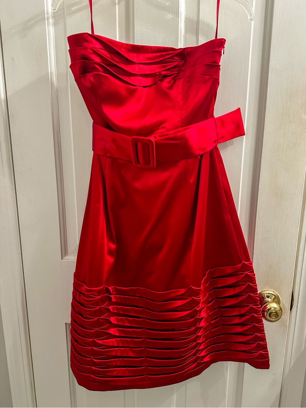 Red Strapless Belted Party Dress
